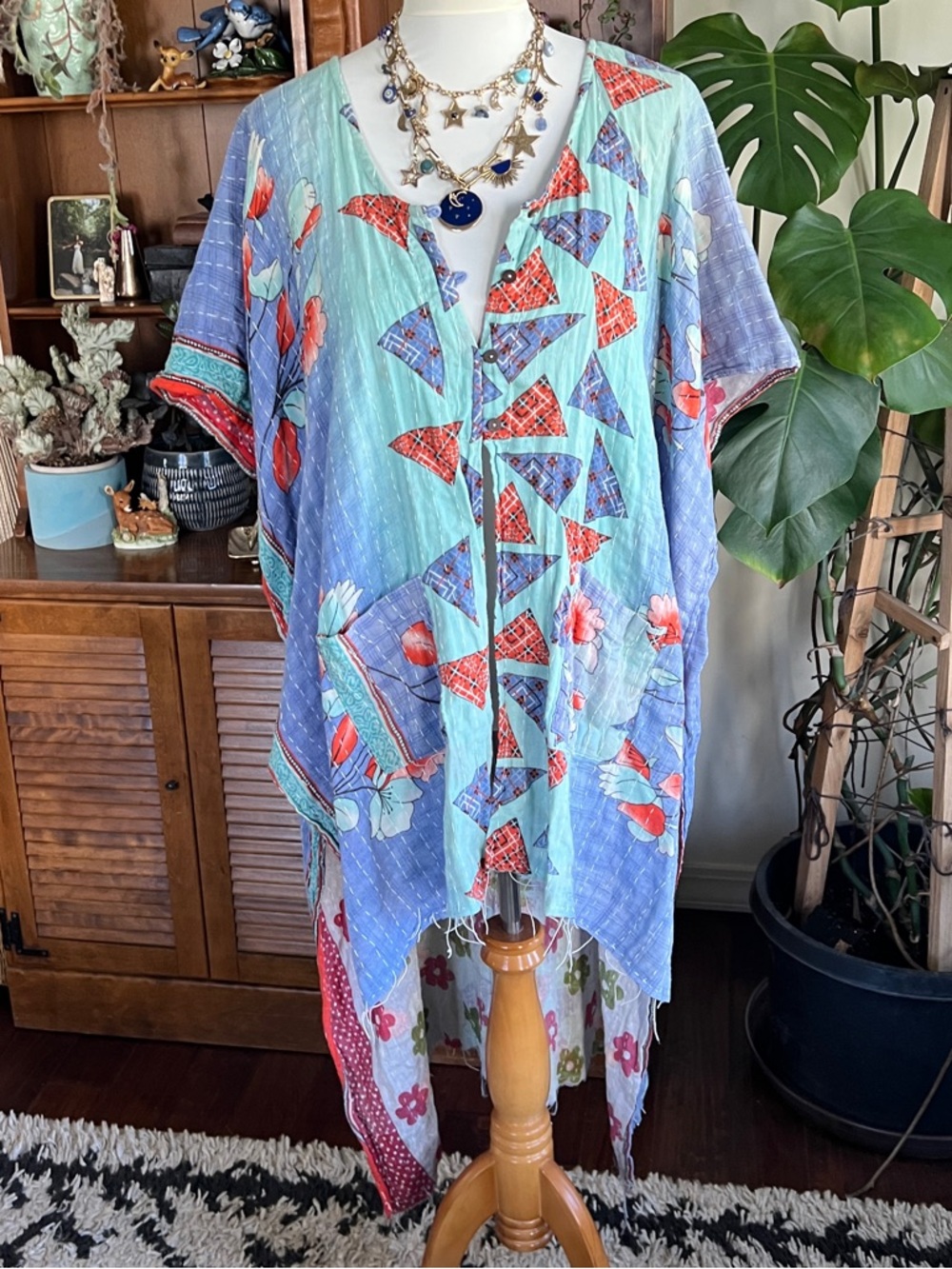 Renew Vintage Kantha Reversible Floral Button-Up High Low Mantra Tunic Top OS